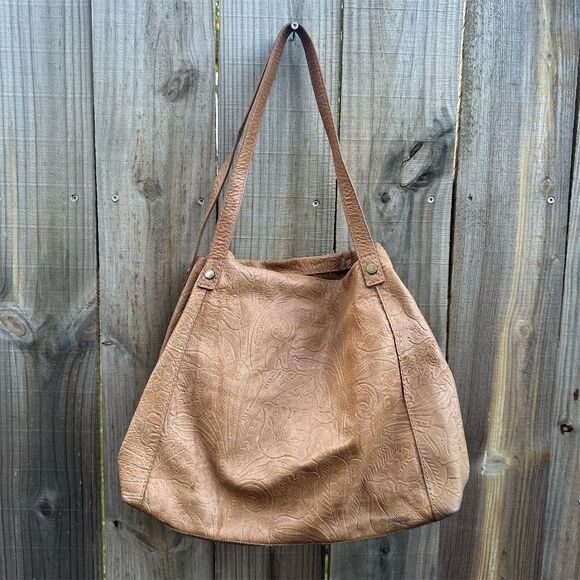 American Leather Co Floral Embossed Brown Leather Shoulder Bag Women - Picture 1 of 12